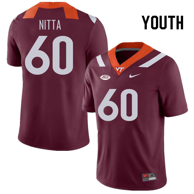 Youth #60 Caleb Nitta Virginia Tech Hokies College Football Jerseys Stitched Sale-Maroon - Click Image to Close